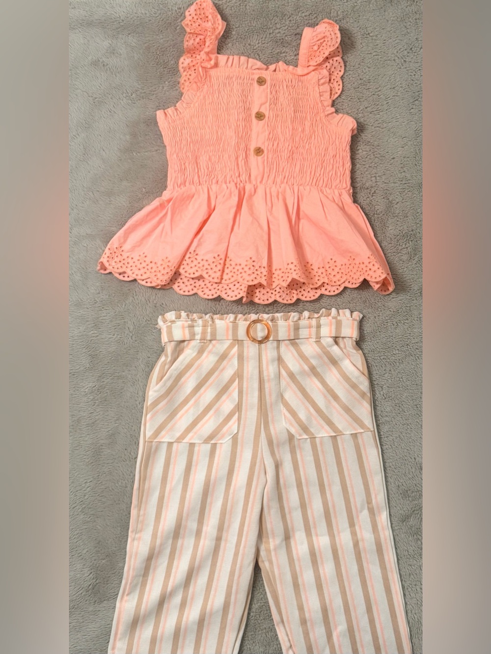 Little Lass size 6 Girls/2-Piece Outfit Set Peach Smocked Top & Striped Pants